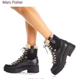 Marc Fisher LTD Nalina black leather shearling lace up heeled lug boots 5 NEW